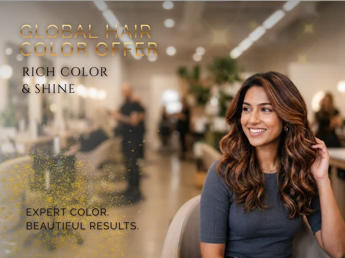 Global hair color offer with free olaplex support in Nagpur salon for rich even tone and healthy shine